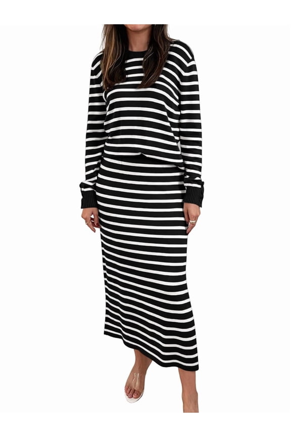 2 Piece Skirts Sets for Women Fall Fashion Striped Sweater Midi Dress Knit Lounge Travel Winter Clothes Black & White XL