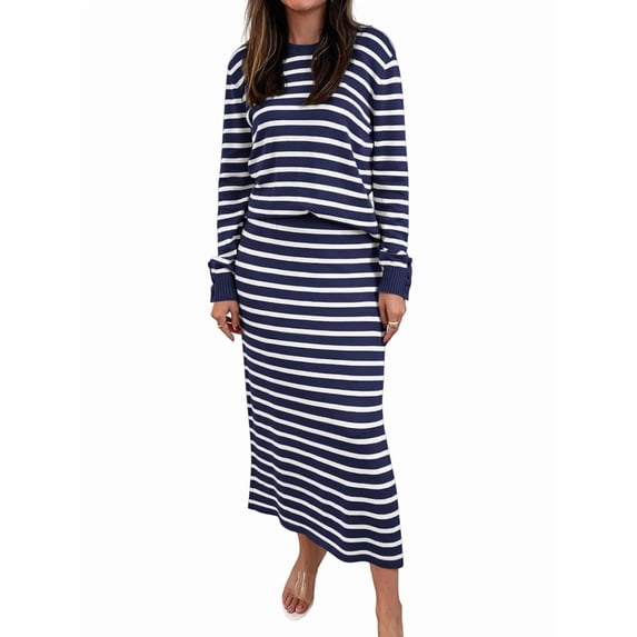2 Piece Skirts Sets for Women Fall Fashion Striped Sweater Midi Dress Knit Lounge Travel Winter Clothes Blue & White S