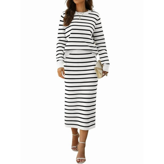 2 Piece Skirts Sets for Women Fall Fashion Striped Sweater Midi Dress Knit Lounge Travel Winter Clothes White & Black L