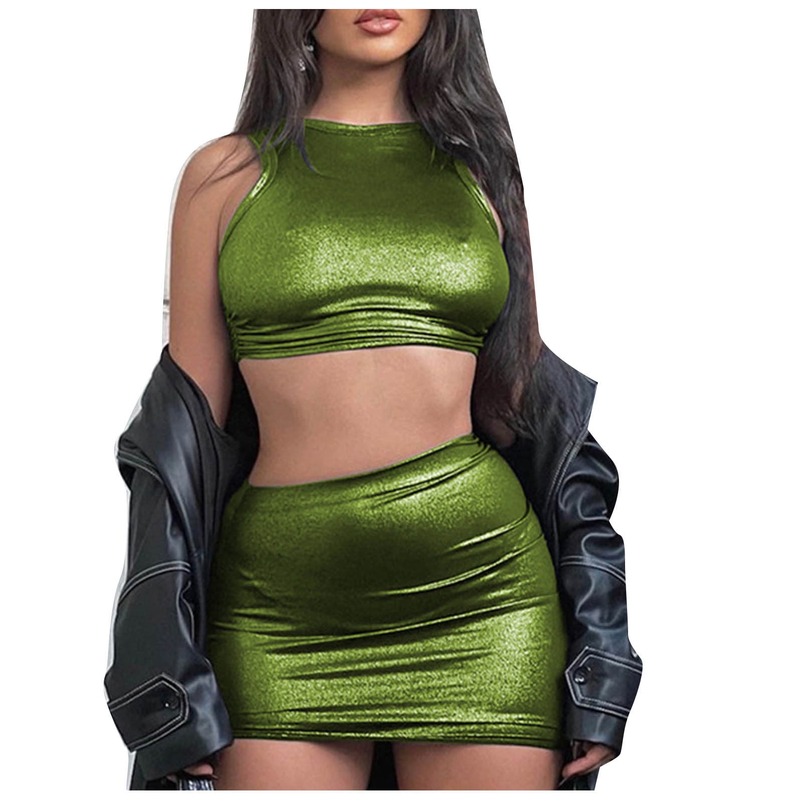 Women Wet Look Patent Leather Strapless Tube Top Mini Skirt Set Outfits  Clubwear