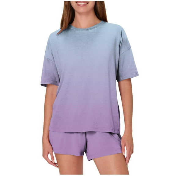2 Piece Sleep Set for Women New Women's Casual Loose Printing Round Neck Short Sleeved Shorts Pajamas Suit Style B-3 Pinky L