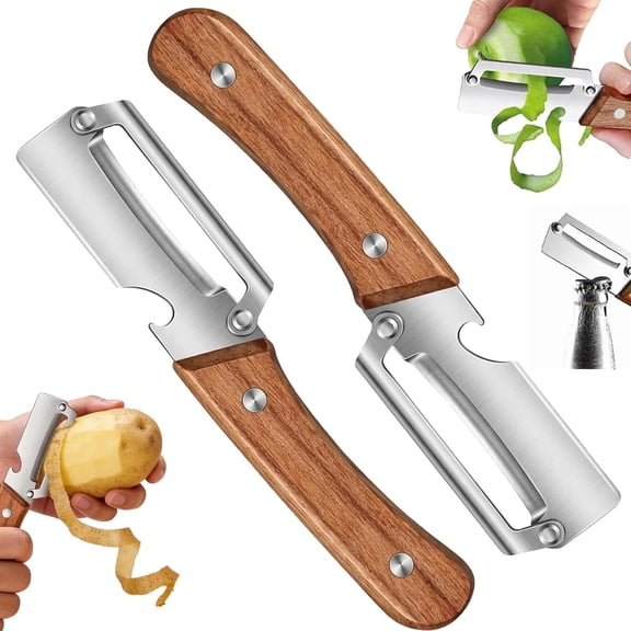 2-Piece Smooth Glide Wooden Handle Peeler Set, Smooth Glide Dual-Sided Shredder and Slicer with Stainless Steel Blade, Built-In Bottle Opener