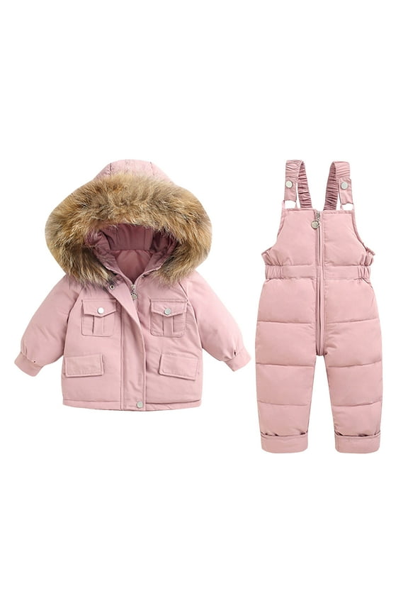 2 Piece Snow Suits for Toddlers - Unisex Baby Girls Boys Ski Suit - Kids Winter Long Sleeve Hooded Puffer Jackets and Bibs Pants Skiing Clothing for Outdoor Snowboarding Down Coat ,Pinks ,2T