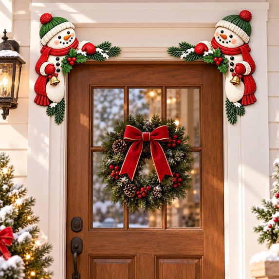 2-Piece Snowman Christmas Door Frame Corner Decor, Peeking Holiday Door Topper Set with Evergreen Accent for Entryway, Doorway and Seasonal Holiday Home Decor