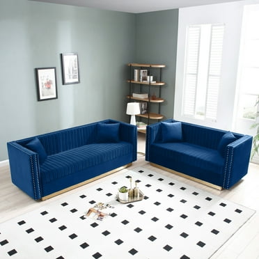 2 Piece Sofa Set with 4 Pillows, Modern Tufted Velvet Upholstered Loveseat Set, Comfy Leisure Couch for Living Room Apartment Office, Blue