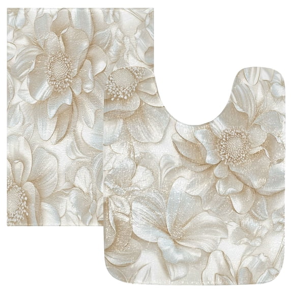 2 Piece Soft Bathroom Rug Set 3d Beige Floral Bath Mat and U-Shaped Toilet Contour Rug (16"x24" 20"x24")