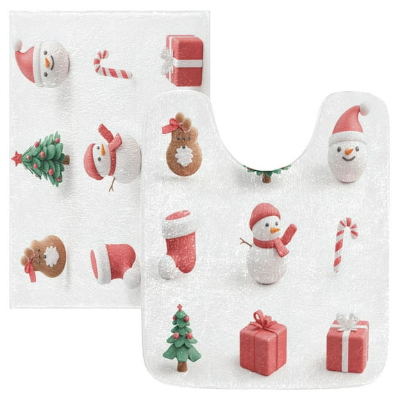 2 Piece Soft Bathroom Rug Set 3d Christmas Elements Bath Mat and U-Shaped Toilet Contour Rug (16"x24" 20"x24")
