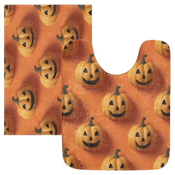 2 Piece Soft Bathroom Rug Set 3d Pumpkin Bath Mat and U-Shaped Toilet Contour Rug (16"x24" 20"x24")