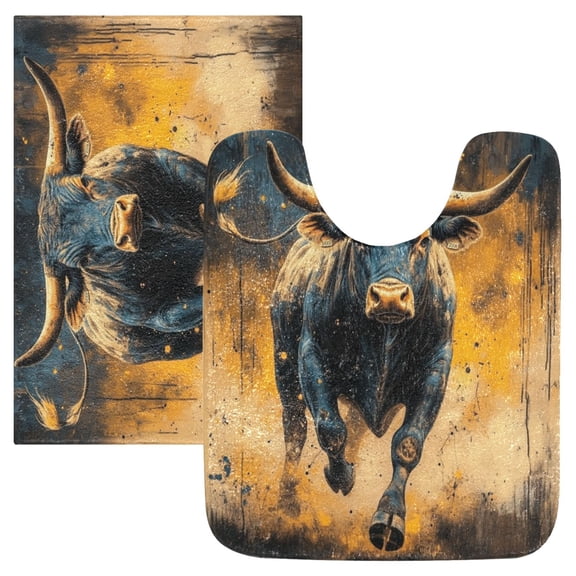 2 Piece Soft Bathroom Rug Set A Bull Charging Bath Mat and U-Shaped Toilet Contour Rug (16"x24" 20"x24")