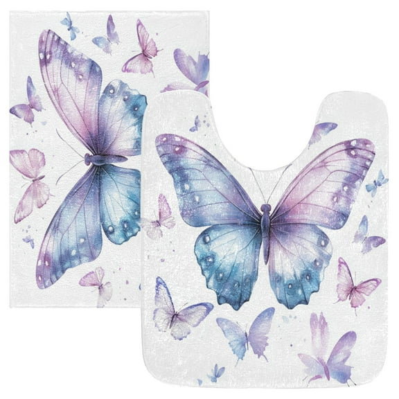 2 Piece Soft Bathroom Rug Set A Flock Of Butterflies Bath Mat and U-Shaped Toilet Contour Rug (16"x24" 20"x24")