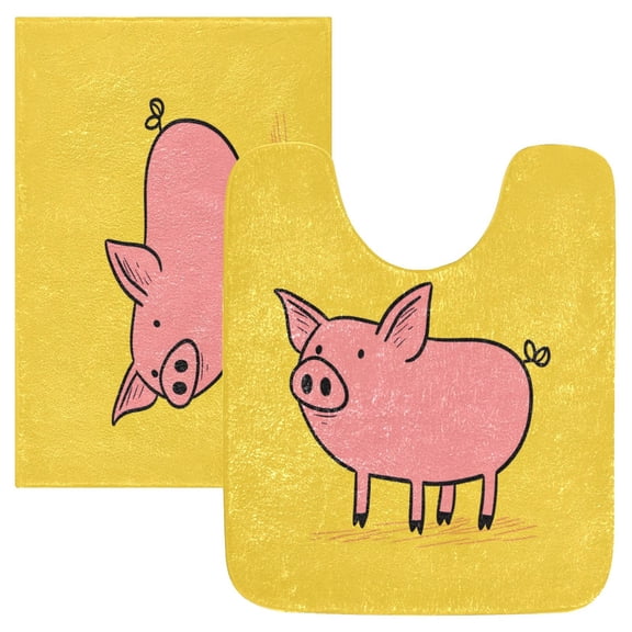 2 Piece Soft Bathroom Rug Set A Pink Pig Bath Mat and U-Shaped Toilet Contour Rug (16"x24" 20"x24")
