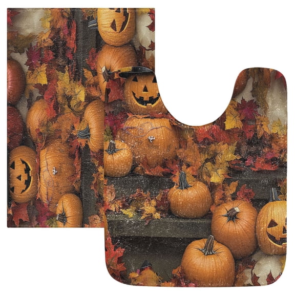 2 Piece Soft Bathroom Rug Set A Pumpkin Stack Bath Mat and U-Shaped Toilet Contour Rug (16"x24" 20"x24")
