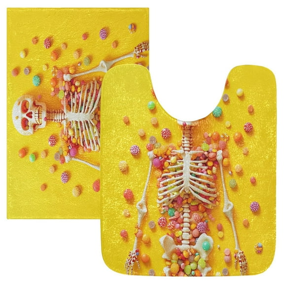 2 Piece Soft Bathroom Rug Set A Skeleton Covered Bath Mat and U-Shaped Toilet Contour Rug (16"x24" 20"x24")