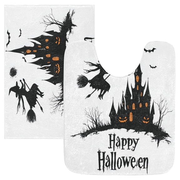 2 Piece Soft Bathroom Rug Set A Witch Flying on A Broom Bath Mat and U-Shaped Toilet Contour Rug (16"x24"+20"x24")