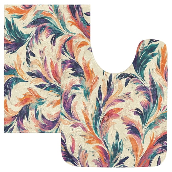 2 Piece Soft Bathroom Rug Set Abstract Feather Pattern Bath Mat and U-Shaped Toilet Contour Rug (16"x24" 20"x24")