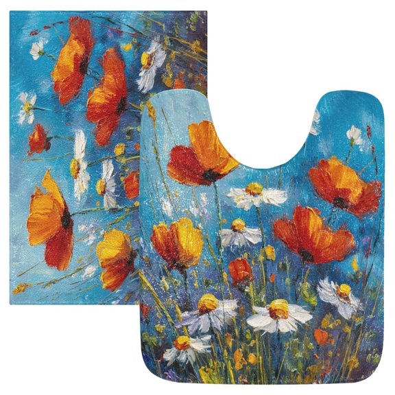 2 Piece Soft Bathroom Rug Set Abstract Floral Bath Mat and U-Shaped Toilet Contour Rug (16"x24" 20"x24")