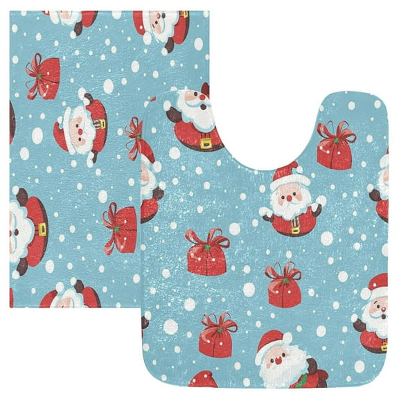 2 Piece Soft Bathroom Rug Set Adorable Santas Bath Mat and U-Shaped Toilet Contour Rug (16"x24" 20"x24")