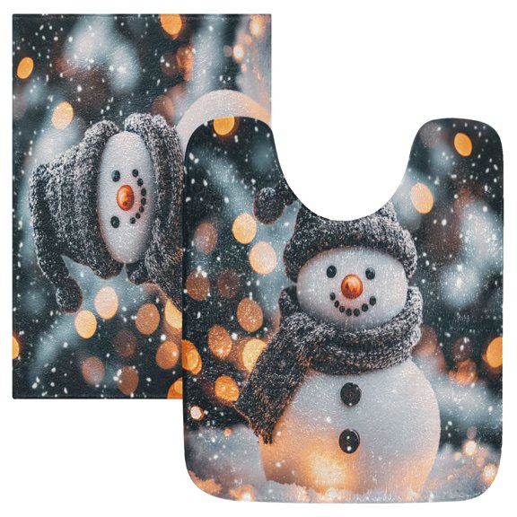 2 Piece Soft Bathroom Rug Set Adorable Snowman Bath Mat and U-Shaped Toilet Contour Rug (16"x24" 20"x24")