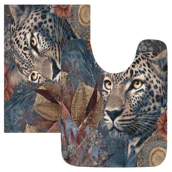 2 Piece Soft Bathroom Rug Set Attractive Tiger Head Bath Mat and U-Shaped Toilet Contour Rug (16"x24"+20"x24")