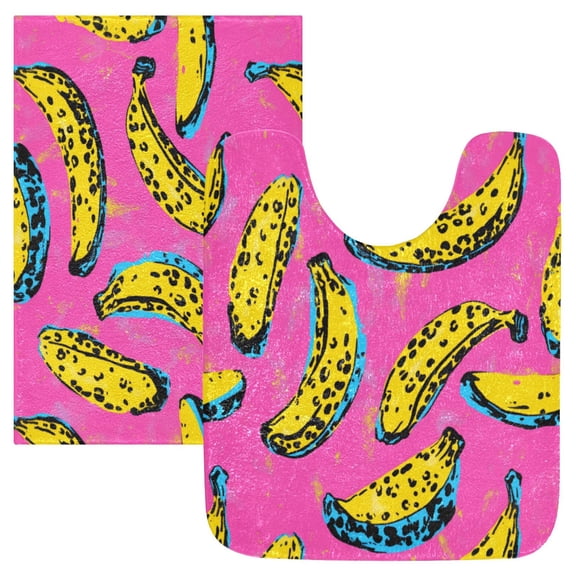 2 Piece Soft Bathroom Rug Set Bananas Pattern Bath Mat and U-Shaped Toilet Contour Rug (16"x24" 20"x24")