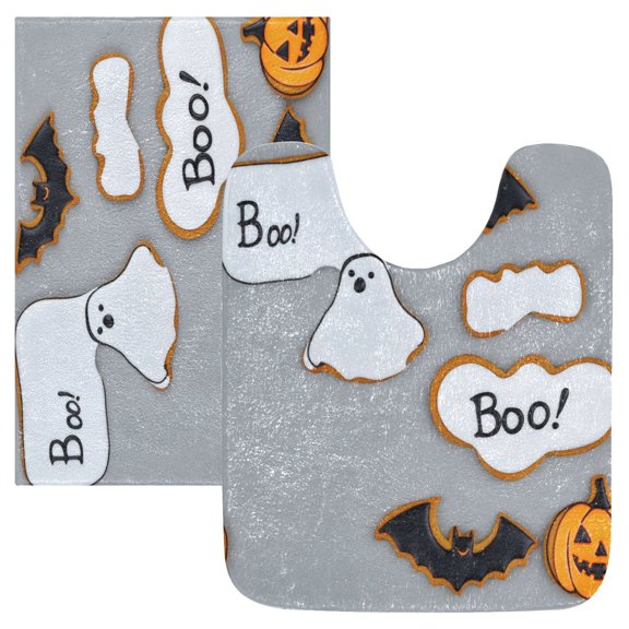 2 Piece Soft Bathroom Rug Set Bat and Ghost Bath Mat and U-Shaped Toilet Contour Rug (16"x24" 20"x24")