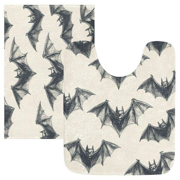 2 Piece Soft Bathroom Rug Set Bats Bath Mat and U-Shaped Toilet Contour Rug (16"x24"+20"x24")