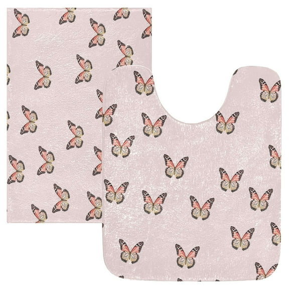 2 Piece Soft Bathroom Rug Set Beautiful Butterflies Bath Mat and U-Shaped Toilet Contour Rug (16"x24" 20"x24")