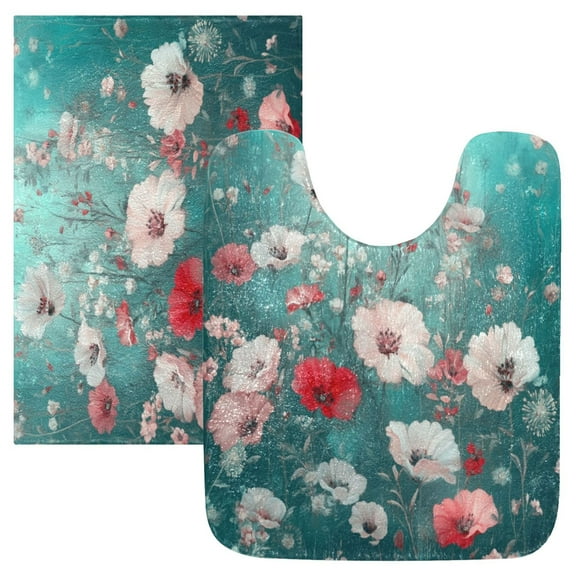 2 Piece Soft Bathroom Rug Set Beautiful Floral Pattern Bath Mat and U-Shaped Toilet Contour Rug (16"x24" 20"x24")