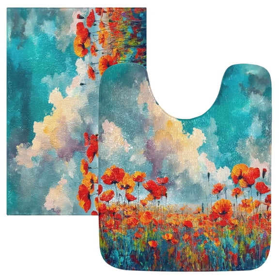 2 Piece Soft Bathroom Rug Set Beautiful Flower Field Bath Mat and U-Shaped Toilet Contour Rug (16"x24" 20"x24")