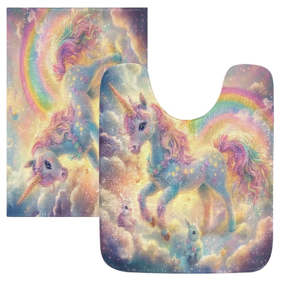 2 Piece Soft Bathroom Rug Set Beautiful Unicorn Bath Mat and U-Shaped Toilet Contour Rug (16"x24" 20"x24")
