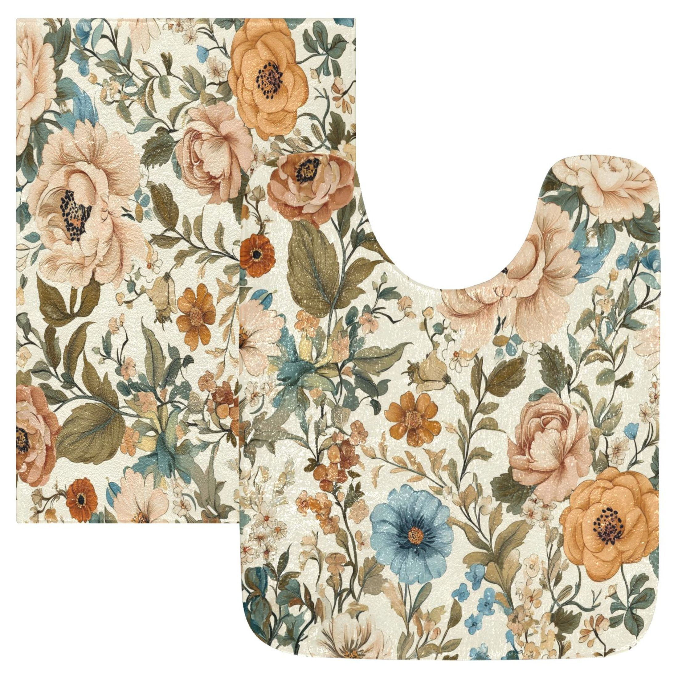 2 Piece Soft Bathroom Rug Set Beautiful Vintage Floral Bath Mat and U-Shaped Toilet Contour Rug (16"x24"+20"x24")
