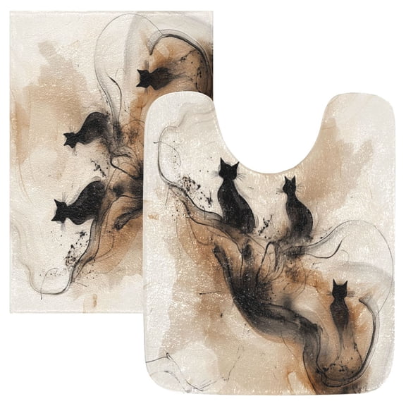 2 Piece Soft Bathroom Rug Set Beige and Black Swirling Shapes Bath Mat and U-Shaped Toilet Contour Rug (16"x24" 20"x24")