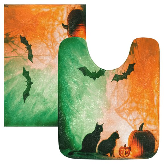 2 Piece Soft Bathroom Rug Set Black Bat and Cat Bath Mat and U-Shaped Toilet Contour Rug (16"x24" 20"x24")