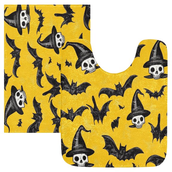 2 Piece Soft Bathroom Rug Set Black Bats Bath Mat and U-Shaped Toilet Contour Rug (16"x24" 20"x24")
