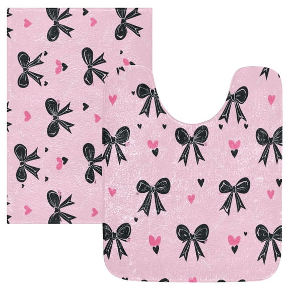 2 Piece Soft Bathroom Rug Set Black Bows Bath Mat and U-Shaped Toilet Contour Rug (16"x24"+20"x24")