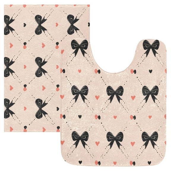 2 Piece Soft Bathroom Rug Set Black Bows Pattern Bath Mat and U-Shaped Toilet Contour Rug (16"x24" 20"x24")