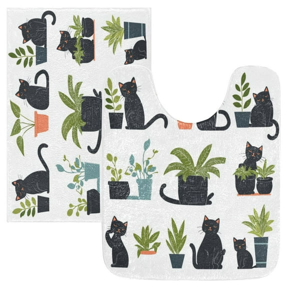 2 Piece Soft Bathroom Rug Set Black Cat Playing Bath Mat and U-Shaped Toilet Contour Rug (16"x24" 20"x24")