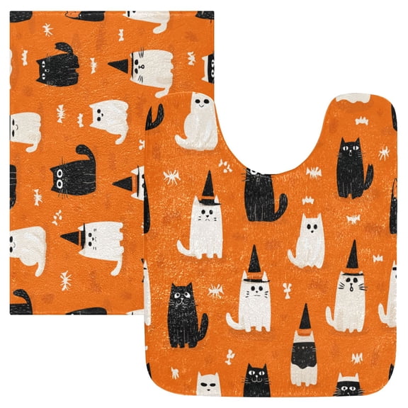 2 Piece Soft Bathroom Rug Set Black Cat and White Cat Bath Mat and U-Shaped Toilet Contour Rug (16"x24" 20"x24")