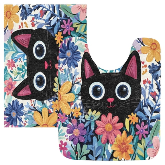 2 Piece Soft Bathroom Rug Set Black Cat in The Flower Bath Mat and U-Shaped Toilet Contour Rug (16"x24" 20"x24")