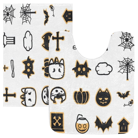 2 Piece Soft Bathroom Rug Set Black Cute Halloween Pattern Bath Mat and U-Shaped Toilet Contour Rug (16"x24" 20"x24")