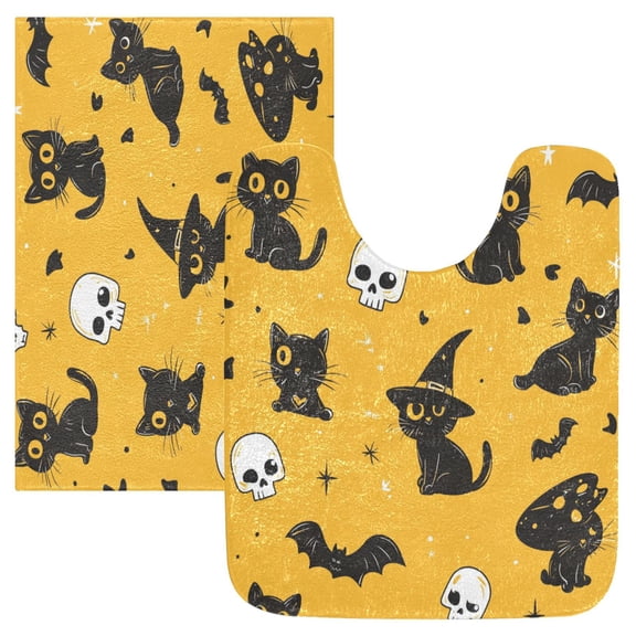 2 Piece Soft Bathroom Rug Set Black Kitten and Skull Bath Mat and U-Shaped Toilet Contour Rug (16"x24" 20"x24")