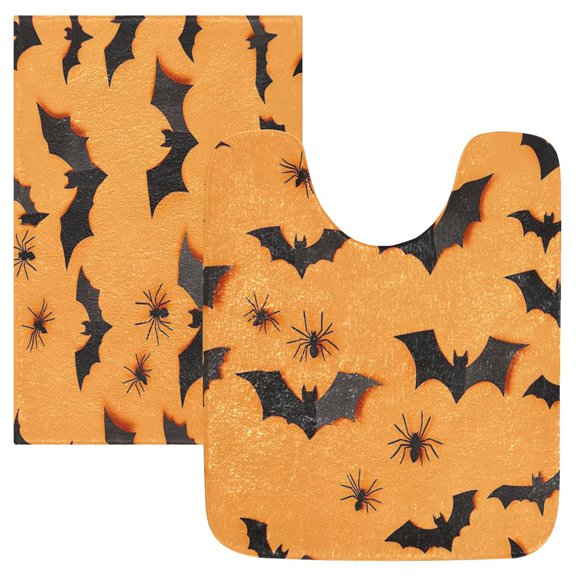 2 Piece Soft Bathroom Rug Set Black Paper Bat Cutouts Bath Mat and U-Shaped Toilet Contour Rug (16"x24" 20"x24")