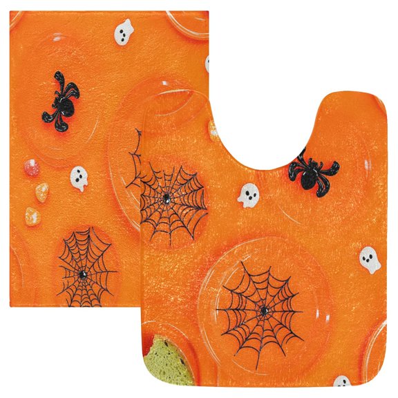 2 Piece Soft Bathroom Rug Set Black Spider Webs Bath Mat and U-Shaped Toilet Contour Rug (16"x24" 20"x24")