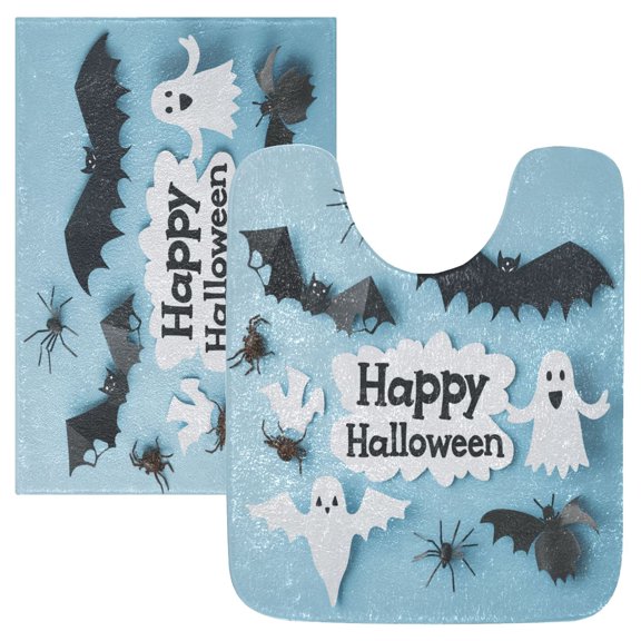 2 Piece Soft Bathroom Rug Set Black Spider and Bat Bath Mat and U-Shaped Toilet Contour Rug (16"x24" 20"x24")