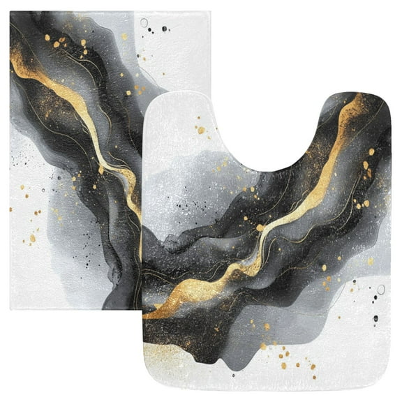 2 Piece Soft Bathroom Rug Set Black and Gold Shapes Bath Mat and U-Shaped Toilet Contour Rug (16"x24"+20"x24")