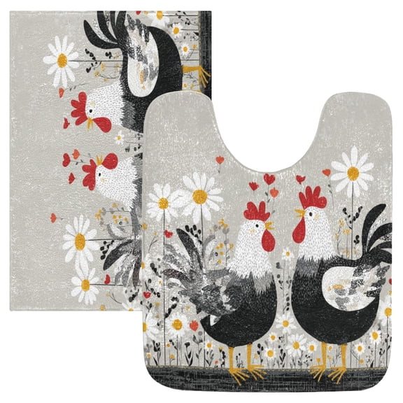 2 Piece Soft Bathroom Rug Set Black and White Chick Bath Mat and U-Shaped Toilet Contour Rug (16"x24" 20"x24")