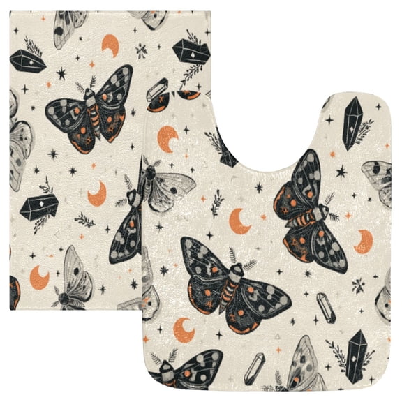 2 Piece Soft Bathroom Rug Set Black and White Moths Bath Mat and U-Shaped Toilet Contour Rug (16"x24" 20"x24")