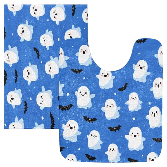 2 Piece Soft Bathroom Rug Set Blue Background with Ghost Pattern Bath Mat and U-Shaped Toilet Contour Rug (16"x24" 20"x24")