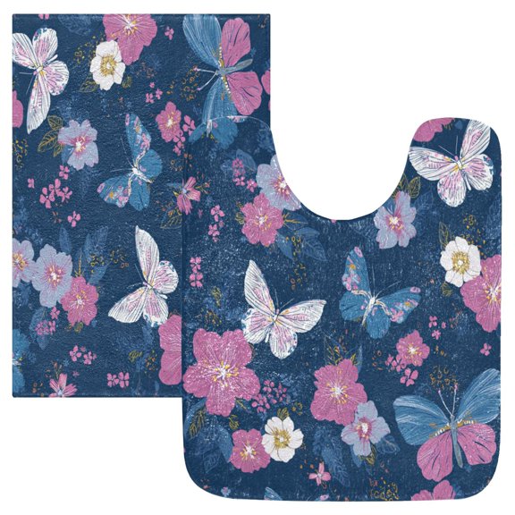 2 Piece Soft Bathroom Rug Set Blue Butterflies and Flowers Bath Mat and U-Shaped Toilet Contour Rug (16"x24" 20"x24")