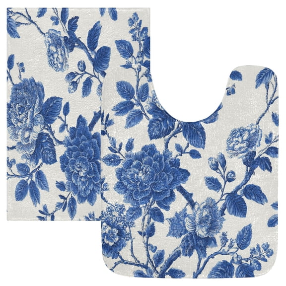 2 Piece Soft Bathroom Rug Set Blue Floral Bath Mat and U-Shaped Toilet Contour Rug (16"x24" 20"x24")